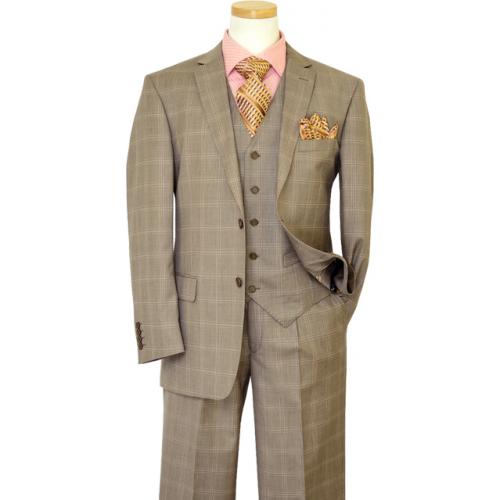 Bertolini Taupe With Pink Windowpanes Wool & Silk Blend Vested Suit 79412